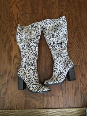 Dalmatian Print Block Heel Women's Boots - White/Black